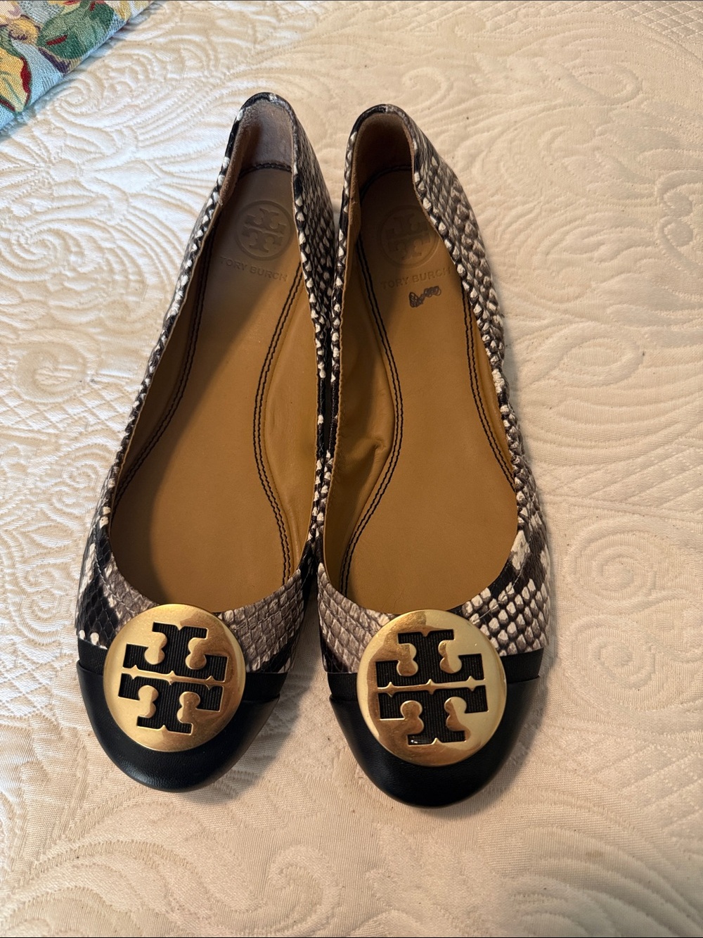 Tory Burch Black and Gray Snake-Print Logo Ballet Flats